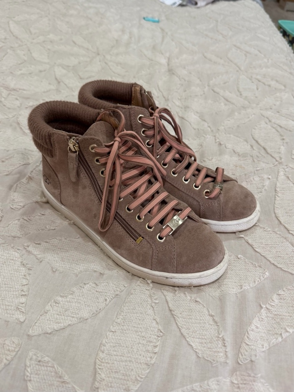 UGG Women's Taupe Suede High-Top Sneakers with Pink Laces